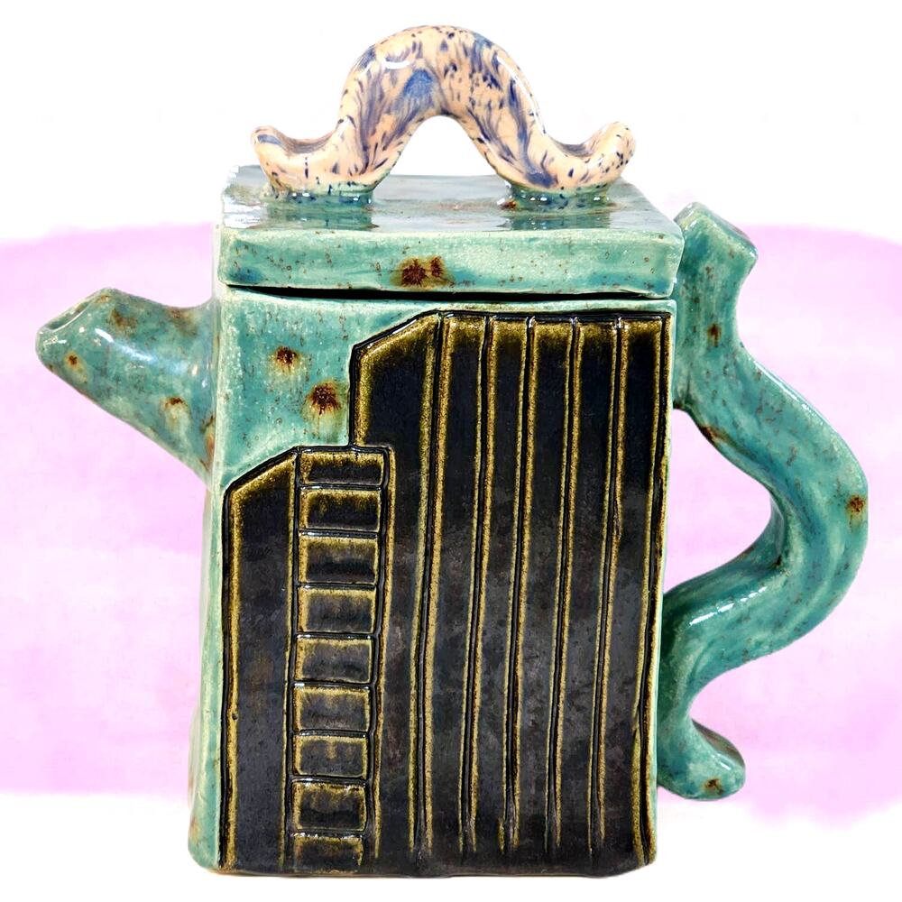 Handcrafted Studio Pottery Teapot–Signed Ceramic Engraved Tree & Building Design